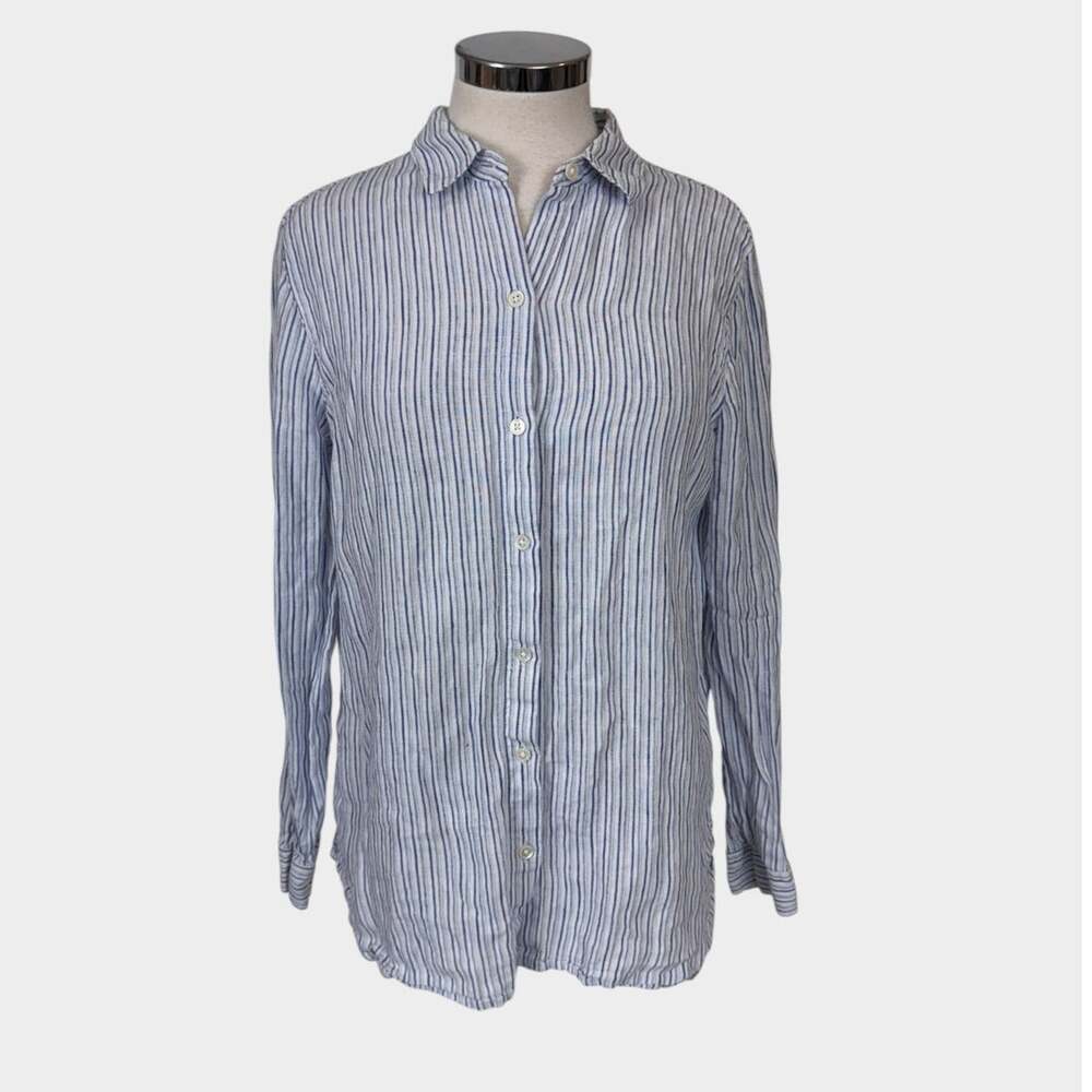 J. Jill Love Linen Small Long Sleeve Button Front Shirt Blue White Stripes